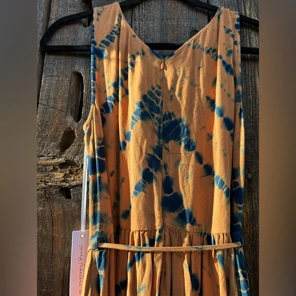 NWT Young Fabulous & Broke Blue Frida Dress in Tan & Blue w Slit & Belt